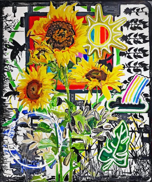 Sascha Boldt „Sun flow airs“, 2023, 96 x 80 cm, Mixed Media on Nettle
